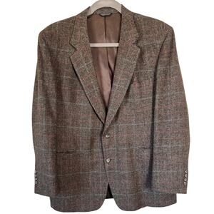 Vintage 80s Tweed Wool Sport Coat 48 XL Glen Plaid Blazer Brown Blue Union Made